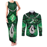 Personalised Maori Matariki Hei Matau Kakariki Couples Matching Tank Maxi Dress and Long Sleeve Button Shirt Maori Kowhaiwhai Pattern Galaxy LT01 Green - Polynesian Pride