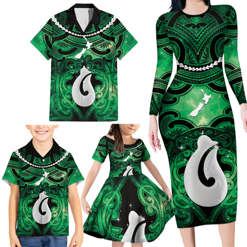Personalised Maori Matariki Hei Matau Kakariki Family Matching Long Sleeve Bodycon Dress and Hawaiian Shirt Maori Kowhaiwhai Pattern Galaxy LT01 - Polynesian Pride