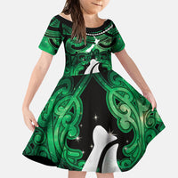 Personalised Maori Matariki Hei Matau Kakariki Family Matching Mermaid Dress and Hawaiian Shirt Maori Kowhaiwhai Pattern Galaxy LT01 Daughter's Dress Green - Polynesian Pride