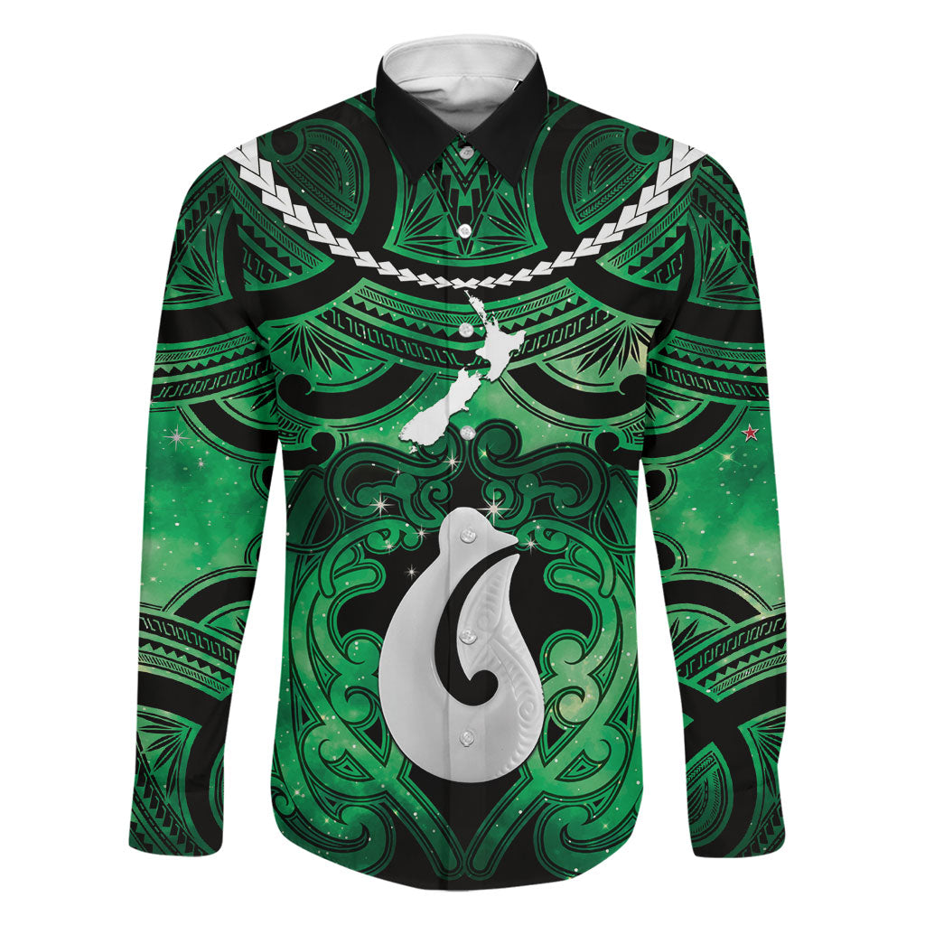 Personalised Maori Matariki Hei Matau Kakariki Family Matching Mermaid Dress and Hawaiian Shirt Maori Kowhaiwhai Pattern Galaxy LT01 Dad's Shirt - Long Sleeve Green - Polynesian Pride