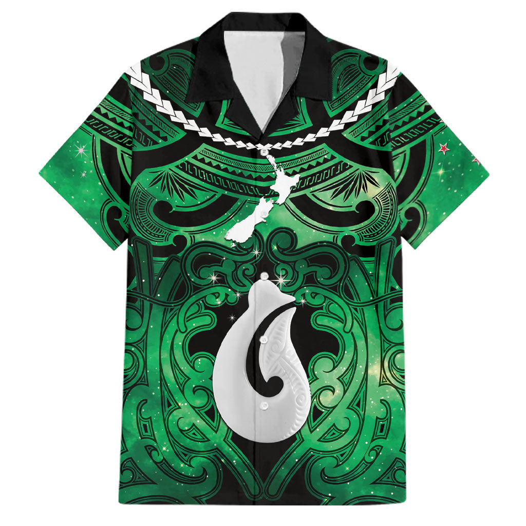 Personalised Maori Matariki Hei Matau Kakariki Family Matching Off Shoulder Maxi Dress and Hawaiian Shirt Maori Kowhaiwhai Pattern Galaxy LT01 Dad's Shirt - Short Sleeve Green - Polynesian Pride
