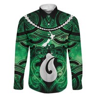 Personalised Maori Matariki Hei Matau Kakariki Family Matching Off Shoulder Maxi Dress and Hawaiian Shirt Maori Kowhaiwhai Pattern Galaxy LT01 Dad's Shirt - Long Sleeve Green - Polynesian Pride