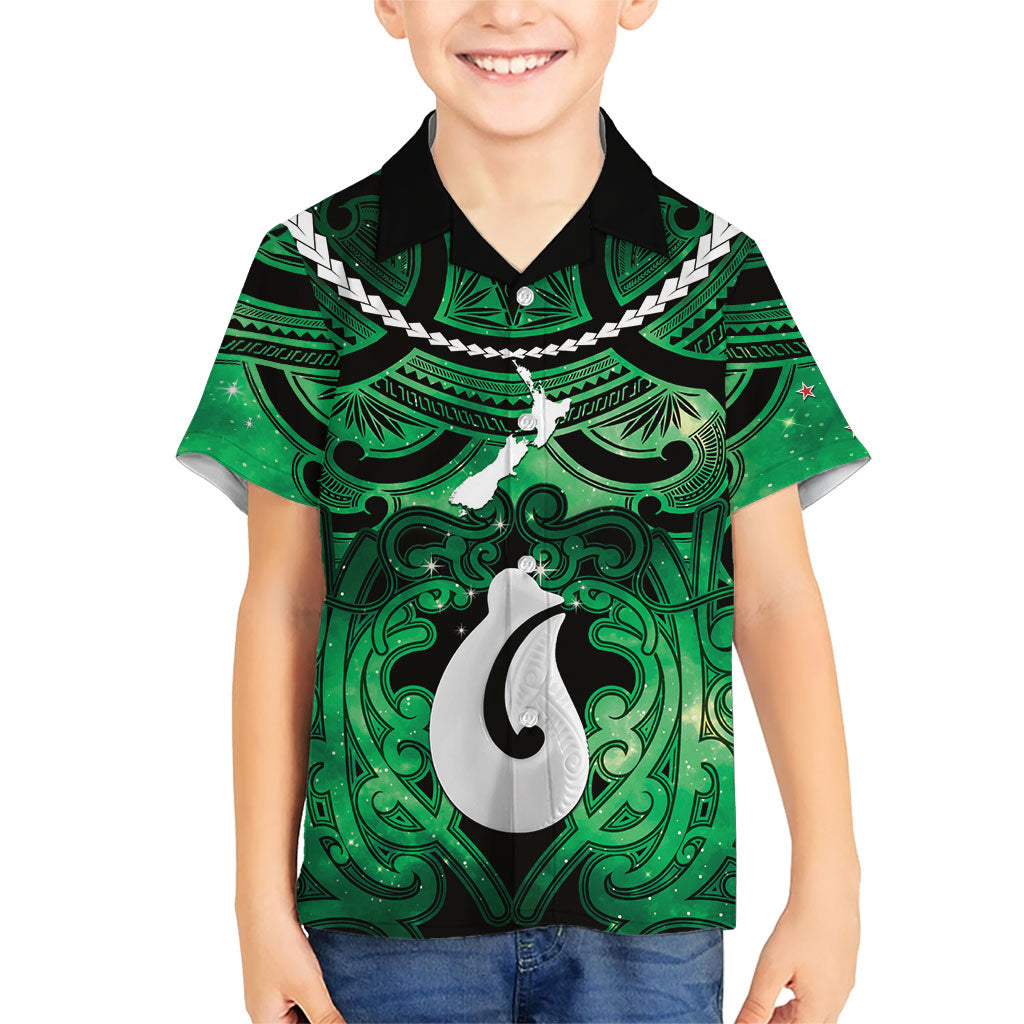 Personalised Maori Matariki Hei Matau Kakariki Family Matching Off Shoulder Maxi Dress and Hawaiian Shirt Maori Kowhaiwhai Pattern Galaxy LT01 Son's Shirt Green - Polynesian Pride