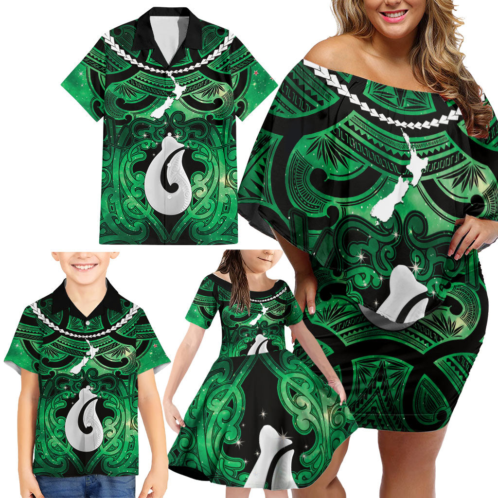 Personalised Maori Matariki Hei Matau Kakariki Family Matching Off Shoulder Short Dress and Hawaiian Shirt Maori Kowhaiwhai Pattern Galaxy LT01 - Polynesian Pride