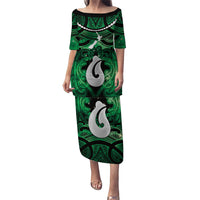 Personalised Maori Matariki Hei Matau Kakariki Family Matching Puletasi and Hawaiian Shirt Maori Kowhaiwhai Pattern Galaxy LT01 Mom's Dress Green - Polynesian Pride