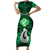 Personalised Maori Matariki Hei Matau Kakariki Family Matching Short Sleeve Bodycon Dress and Hawaiian Shirt Maori Kowhaiwhai Pattern Galaxy LT01 Mom's Dress Green - Polynesian Pride