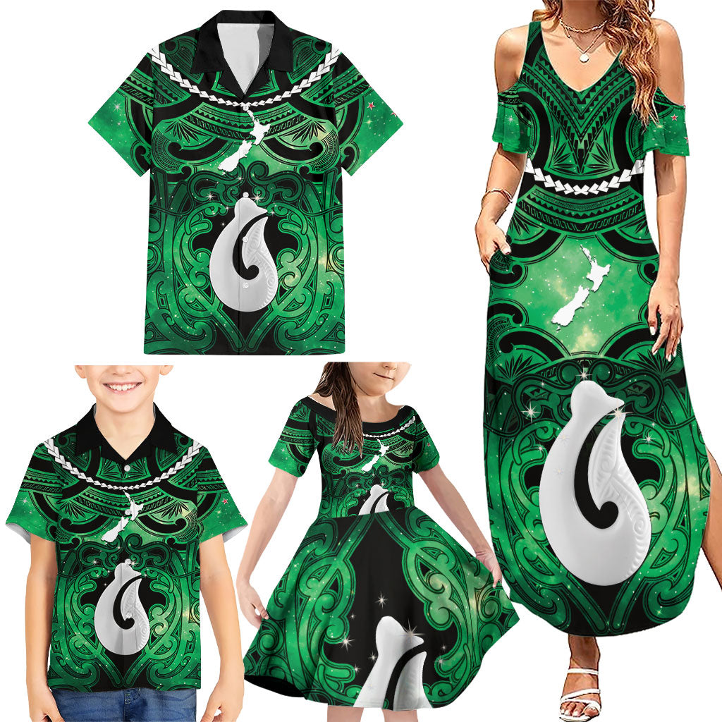 Personalised Maori Matariki Hei Matau Kakariki Family Matching Summer Maxi Dress and Hawaiian Shirt Maori Kowhaiwhai Pattern Galaxy LT01 - Polynesian Pride