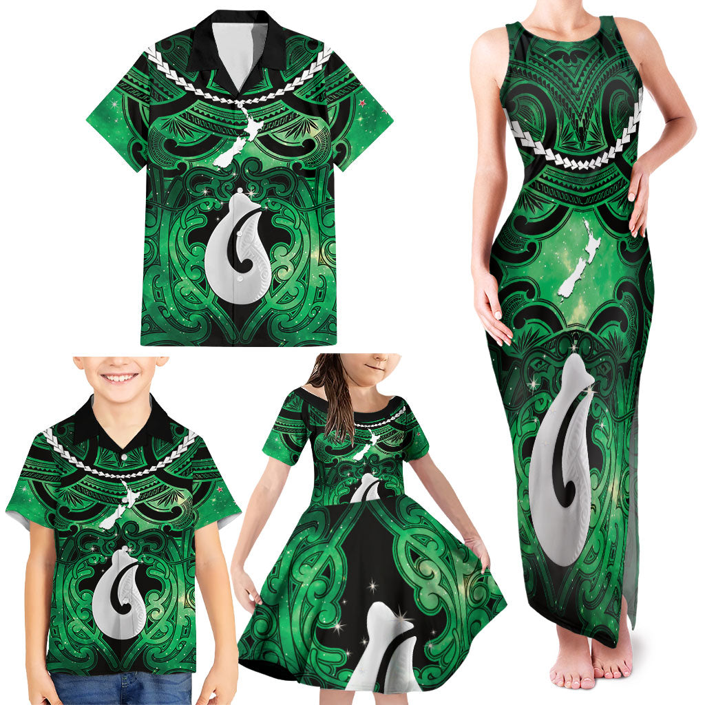 Personalised Maori Matariki Hei Matau Kakariki Family Matching Tank Maxi Dress and Hawaiian Shirt Maori Kowhaiwhai Pattern Galaxy LT01 - Polynesian Pride