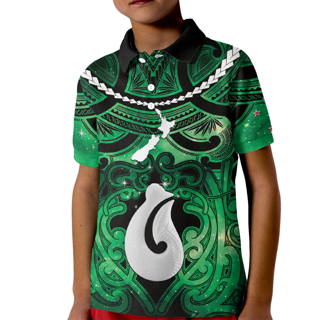 Personalised Maori Matariki Hei Matau Kakariki Kid Polo Shirt Maori Kowhaiwhai Pattern Galaxy LT01 Kid Green - Polynesian Pride