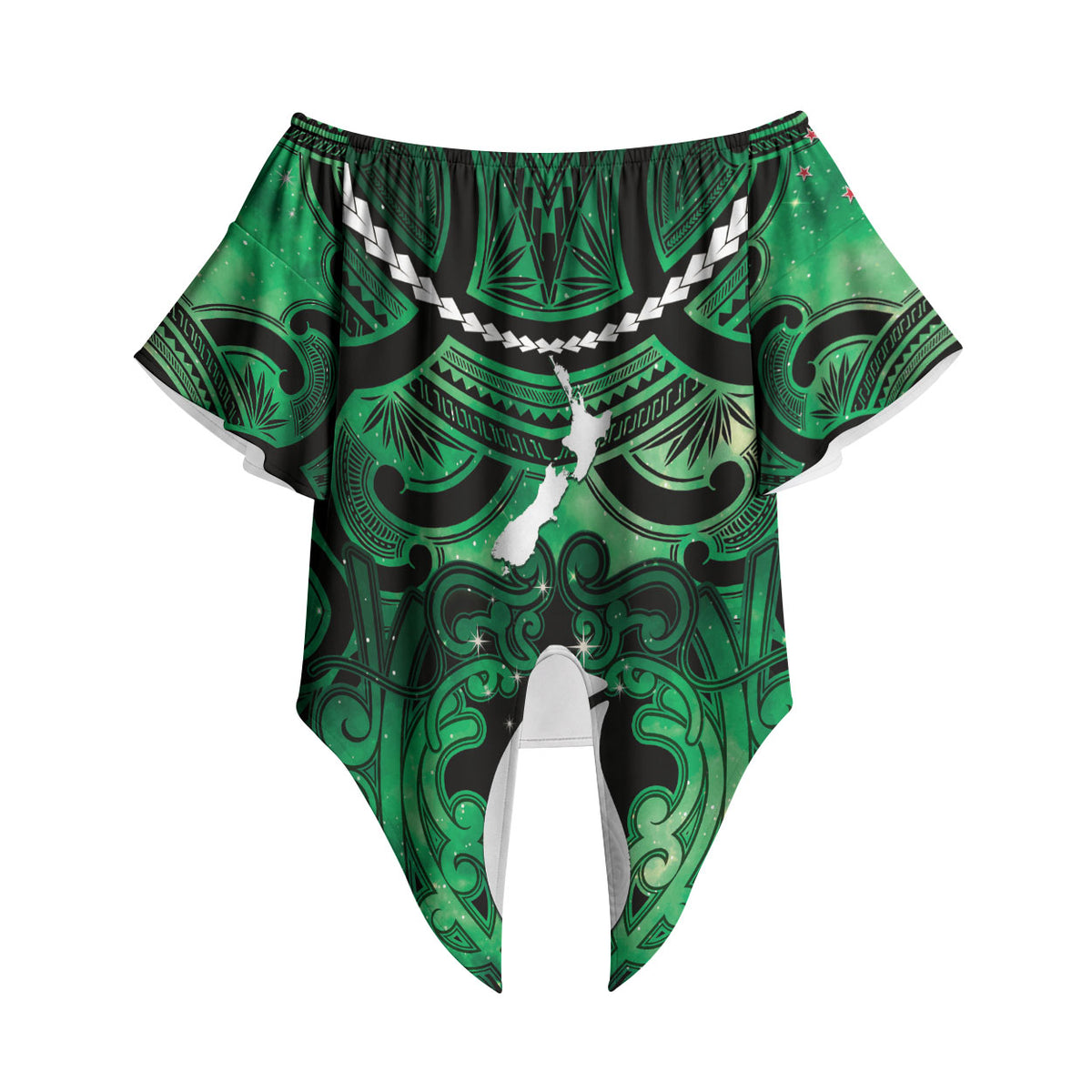 Personalised Maori Matariki Hei Matau Kakariki Off Shoulder Wrap Waist Top Maori Kowhaiwhai Pattern Galaxy LT01 Green - Polynesian Pride