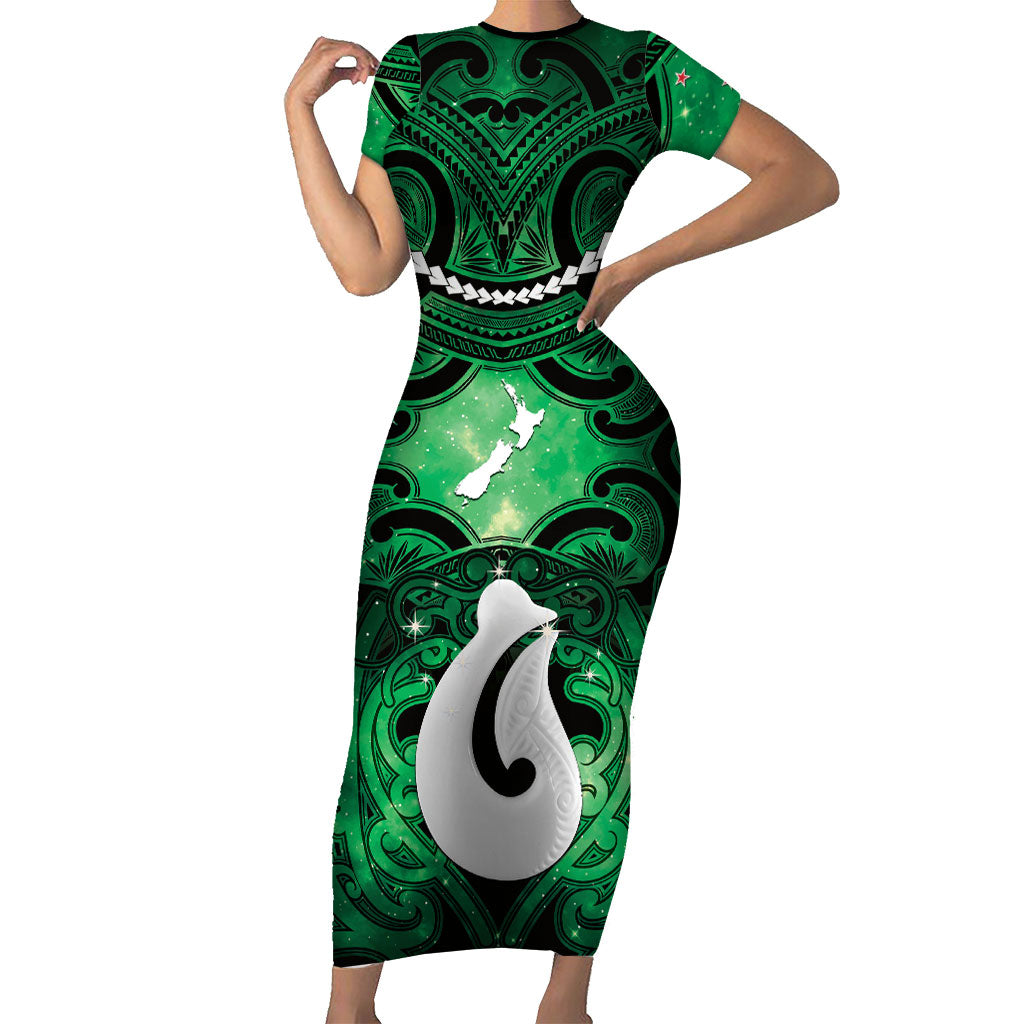 Personalised Maori Matariki Hei Matau Kakariki Short Sleeve Bodycon Dress Maori Kowhaiwhai Pattern Galaxy LT01 Long Dress Green - Polynesian Pride
