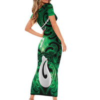 Personalised Maori Matariki Hei Matau Kakariki Short Sleeve Bodycon Dress Maori Kowhaiwhai Pattern Galaxy LT01 - Polynesian Pride