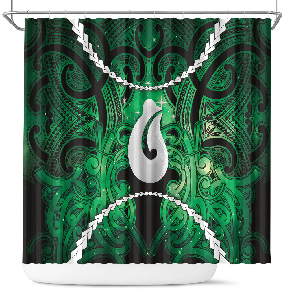 Maori Matariki Hei Matau Kakariki Shower Curtain Maori Kowhaiwhai Pattern Galaxy LT01 Green - Polynesian Pride