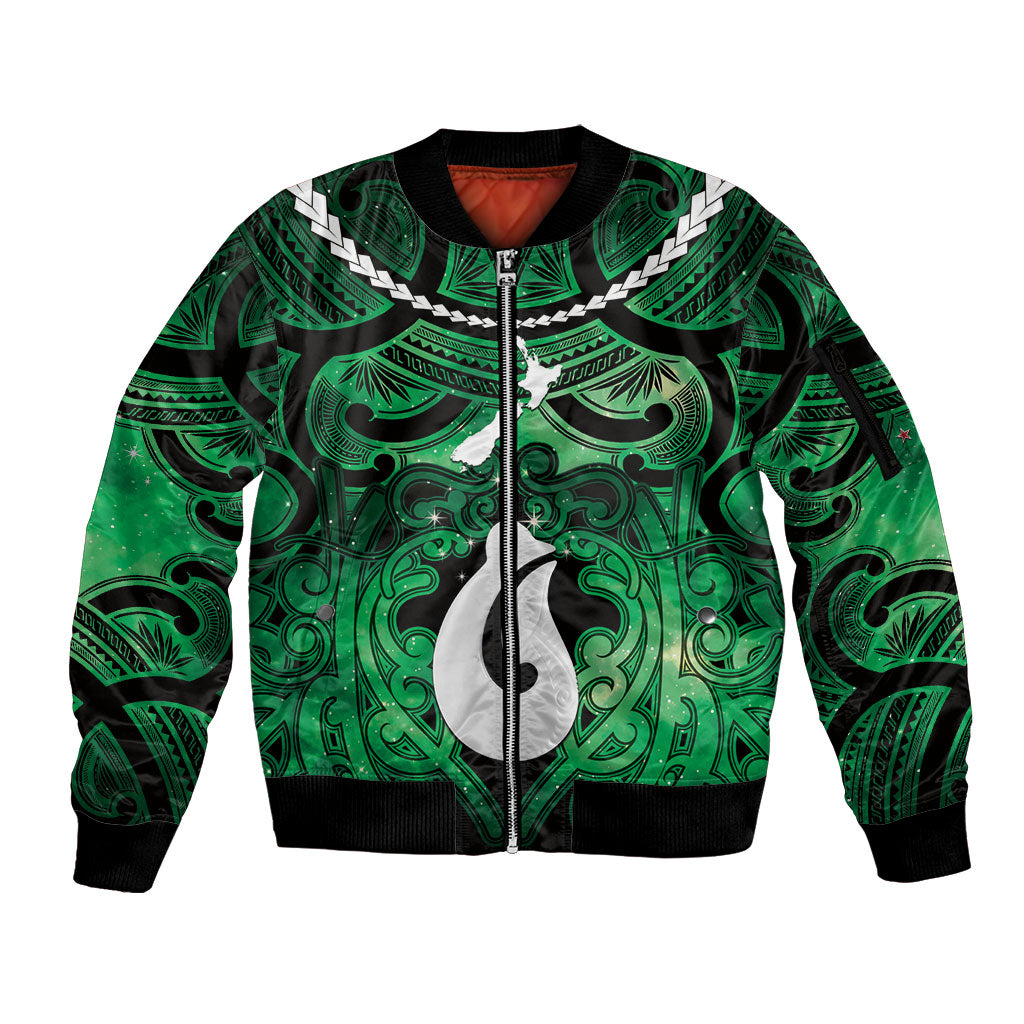 Personalised Maori Matariki Hei Matau Kakariki Sleeve Zip Bomber Jacket Maori Kowhaiwhai Pattern Galaxy