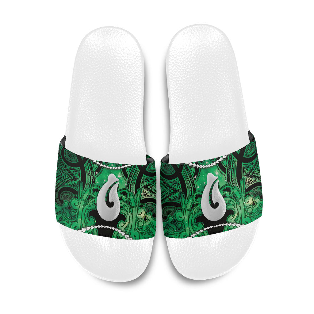 Maori Matariki Hei Matau Kakariki Slide Sandals Maori Kowhaiwhai Pattern Galaxy