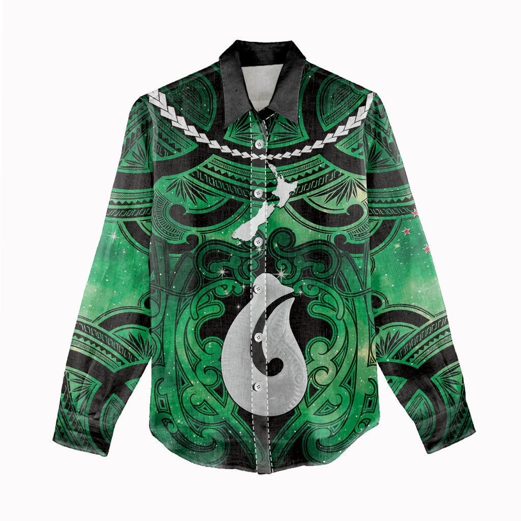 Personalised Maori Matariki Hei Matau Kakariki Women Casual Shirt Maori Kowhaiwhai Pattern Galaxy LT01 - Polynesian Pride