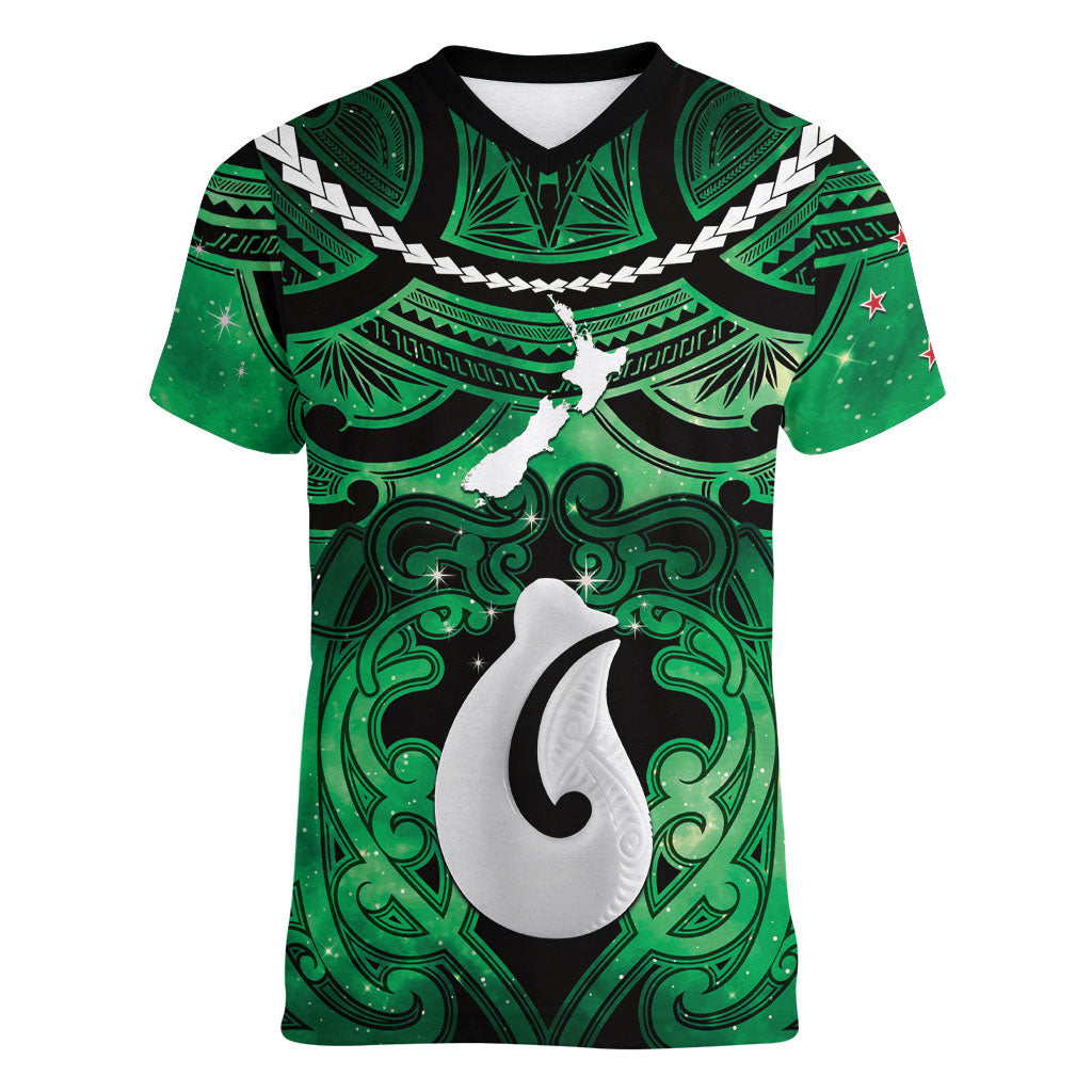Personalised Maori Matariki Hei Matau Kakariki Women V-Neck T-Shirt Maori Kowhaiwhai Pattern Galaxy LT01 Female Green - Polynesian Pride