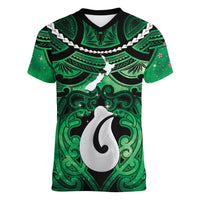 Personalised Maori Matariki Hei Matau Kakariki Women V-Neck T-Shirt Maori Kowhaiwhai Pattern Galaxy LT01 Female Green - Polynesian Pride
