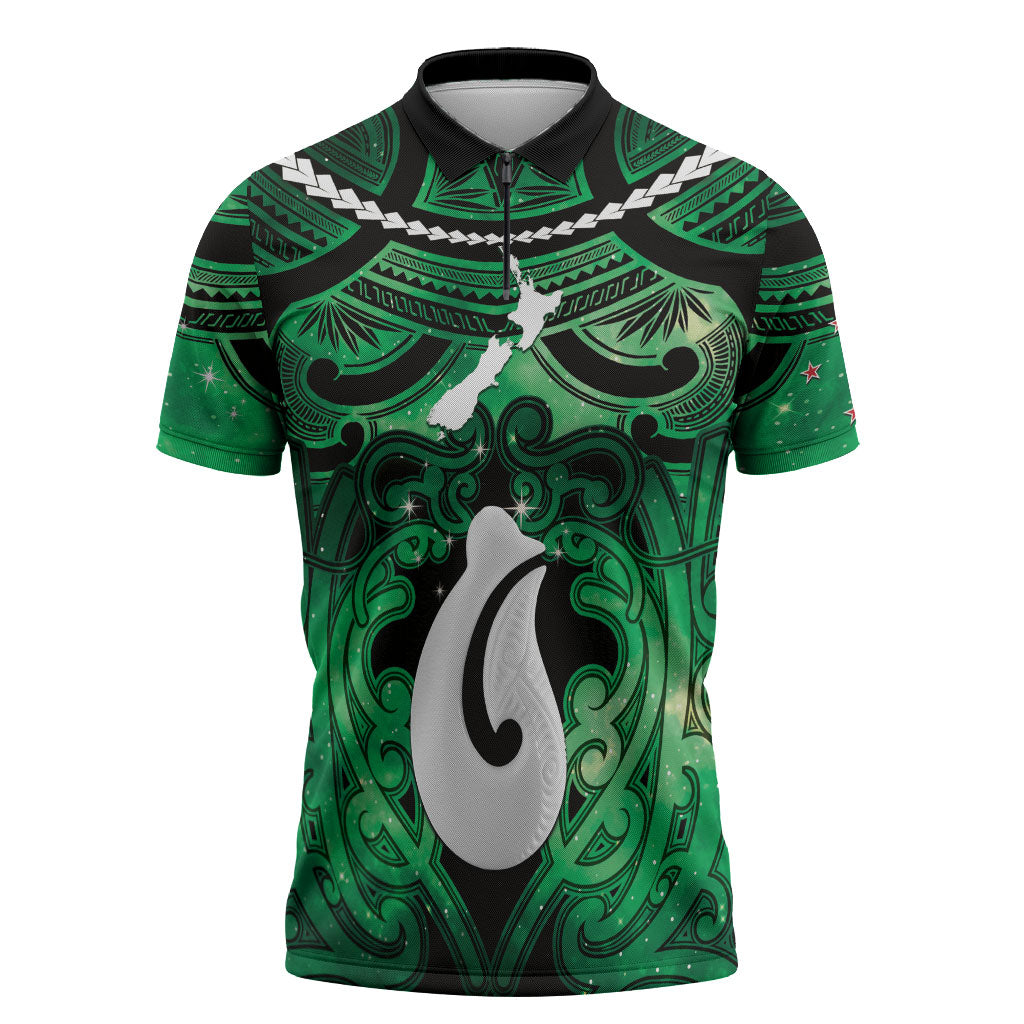 Personalised Maori Matariki Hei Matau Kakariki Zipper Polo Shirt Maori Kowhaiwhai Pattern Galaxy