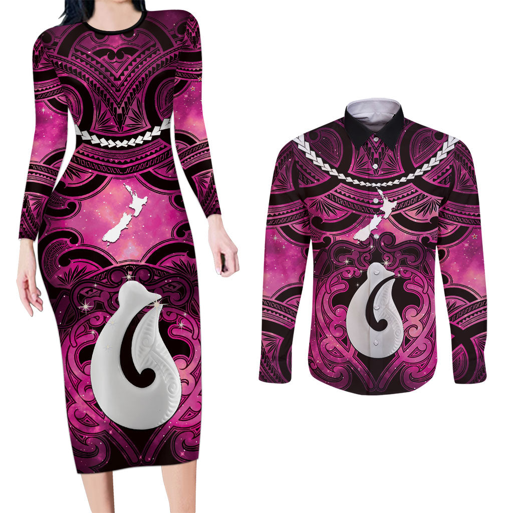 Personalised Maori Matariki Hei Matau Mawhero Couples Matching Long Sleeve Bodycon Dress and Long Sleeve Button Shirt Maori Kowhaiwhai Pattern Galaxy LT01 Pink - Polynesian Pride