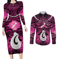 Personalised Maori Matariki Hei Matau Mawhero Couples Matching Long Sleeve Bodycon Dress and Long Sleeve Button Shirt Maori Kowhaiwhai Pattern Galaxy LT01 Pink - Polynesian Pride