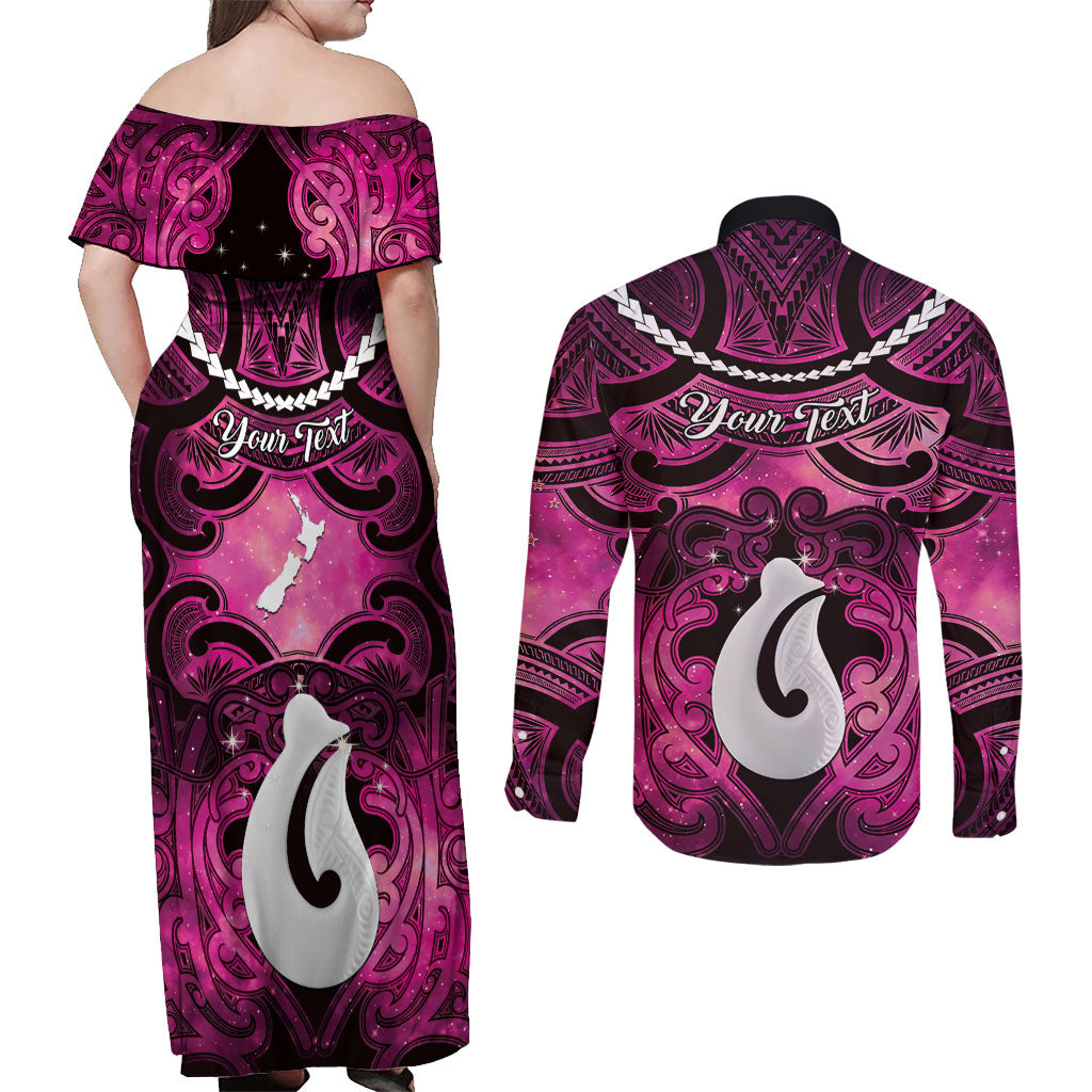 Personalised Maori Matariki Hei Matau Mawhero Couples Matching Off Shoulder Maxi Dress and Long Sleeve Button Shirt Maori Kowhaiwhai Pattern Galaxy LT01 - Polynesian Pride