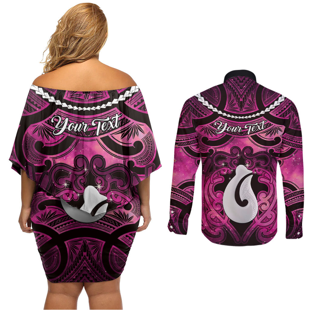 Personalised Maori Matariki Hei Matau Mawhero Couples Matching Off Shoulder Short Dress and Long Sleeve Button Shirt Maori Kowhaiwhai Pattern Galaxy LT01 - Polynesian Pride