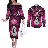 Personalised Maori Matariki Hei Matau Mawhero Couples Matching Off The Shoulder Long Sleeve Dress and Long Sleeve Button Shirt Maori Kowhaiwhai Pattern Galaxy LT01 Pink - Polynesian Pride