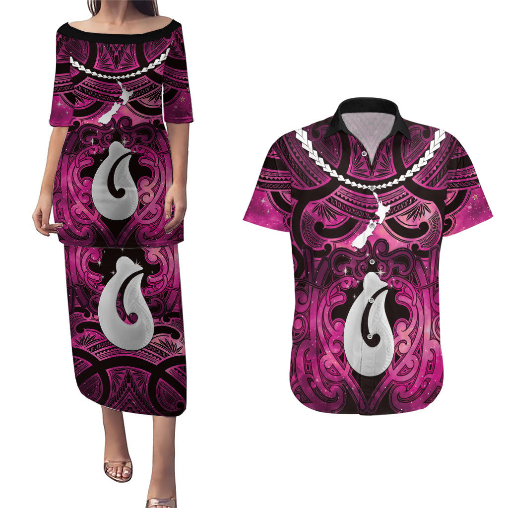 Personalised Maori Matariki Hei Matau Mawhero Couples Matching Puletasi and Hawaiian Shirt Maori Kowhaiwhai Pattern Galaxy LT01 Pink - Polynesian Pride