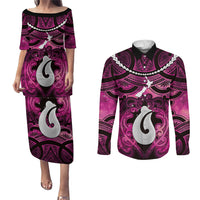 Personalised Maori Matariki Hei Matau Mawhero Couples Matching Puletasi and Long Sleeve Button Shirt Maori Kowhaiwhai Pattern Galaxy LT01 Pink - Polynesian Pride