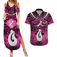 Personalised Maori Matariki Hei Matau Mawhero Couples Matching Summer Maxi Dress and Hawaiian Shirt Maori Kowhaiwhai Pattern Galaxy LT01 Pink - Polynesian Pride