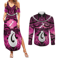 Personalised Maori Matariki Hei Matau Mawhero Couples Matching Summer Maxi Dress and Long Sleeve Button Shirt Maori Kowhaiwhai Pattern Galaxy LT01 Pink - Polynesian Pride