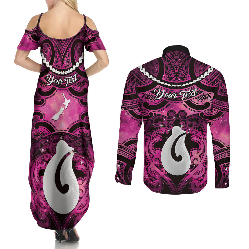 Personalised Maori Matariki Hei Matau Mawhero Couples Matching Summer Maxi Dress and Long Sleeve Button Shirt Maori Kowhaiwhai Pattern Galaxy LT01 - Polynesian Pride
