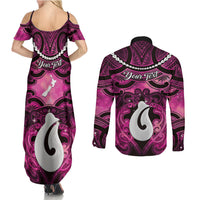 Personalised Maori Matariki Hei Matau Mawhero Couples Matching Summer Maxi Dress and Long Sleeve Button Shirt Maori Kowhaiwhai Pattern Galaxy LT01 - Polynesian Pride