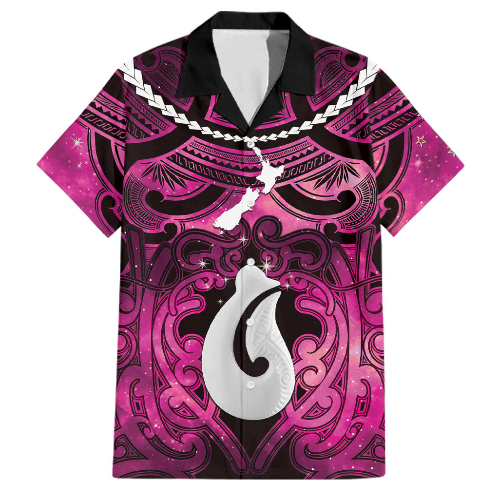 Personalised Maori Matariki Hei Matau Mawhero Family Matching Off The Shoulder Long Sleeve Dress and Hawaiian Shirt Maori Kowhaiwhai Pattern Galaxy LT01 Dad's Shirt - Short Sleeve Pink - Polynesian Pride