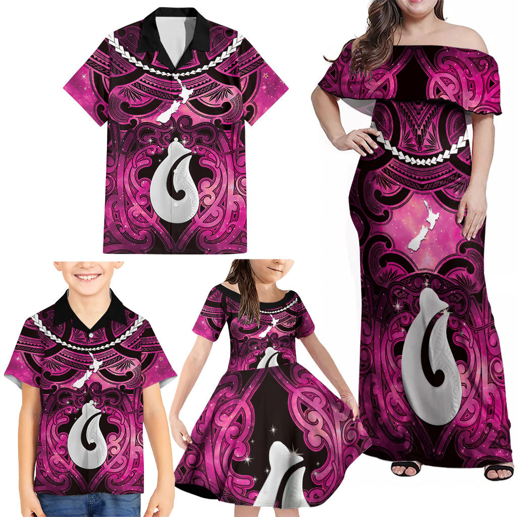 Personalised Maori Matariki Hei Matau Mawhero Family Matching Off Shoulder Maxi Dress and Hawaiian Shirt Maori Kowhaiwhai Pattern Galaxy LT01 - Polynesian Pride