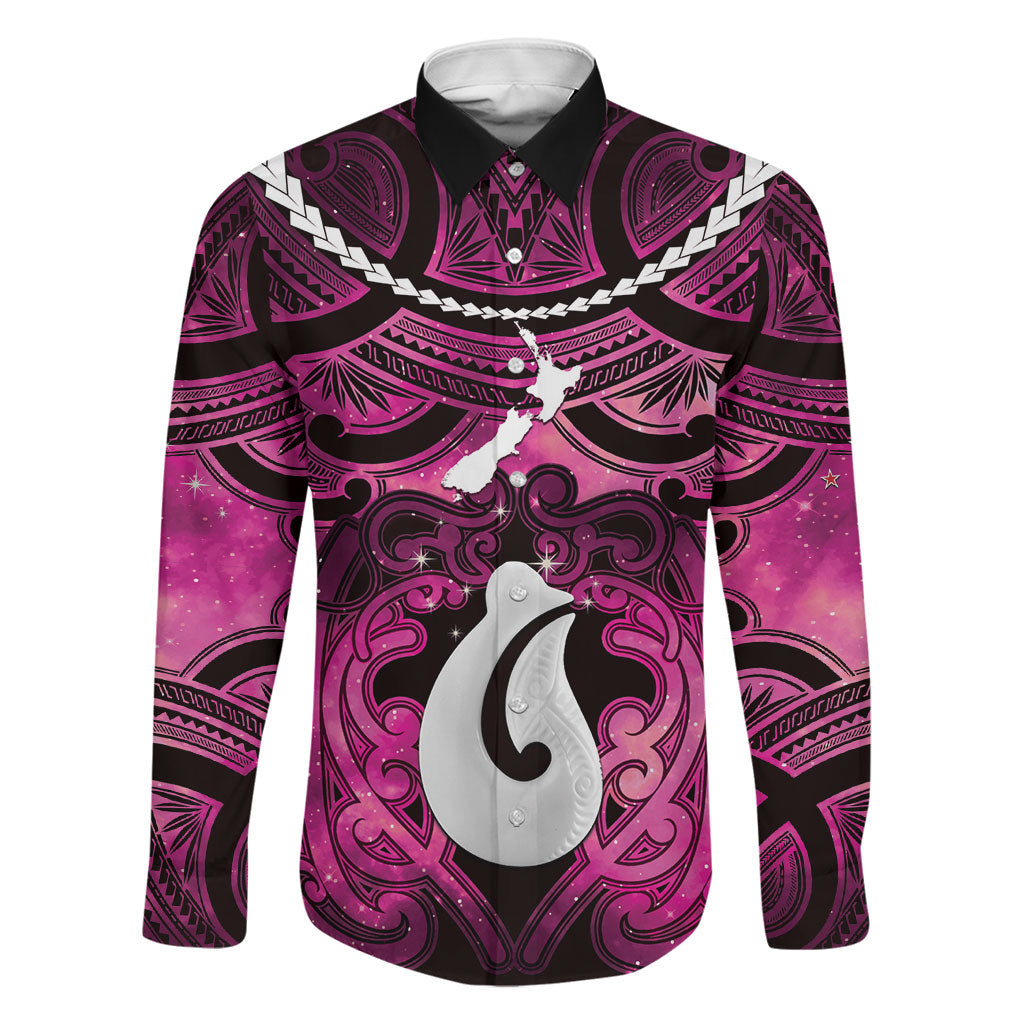 Personalised Maori Matariki Hei Matau Mawhero Family Matching Off Shoulder Maxi Dress and Hawaiian Shirt Maori Kowhaiwhai Pattern Galaxy LT01 Dad's Shirt - Long Sleeve Pink - Polynesian Pride