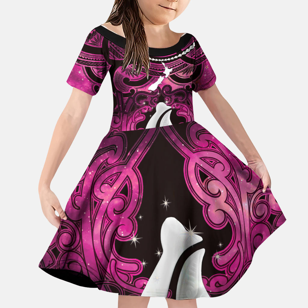Personalised Maori Matariki Hei Matau Mawhero Family Matching Off Shoulder Short Dress and Hawaiian Shirt Maori Kowhaiwhai Pattern Galaxy LT01 Daughter's Dress Pink - Polynesian Pride