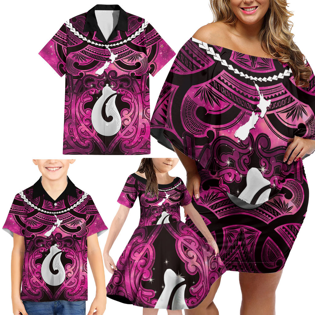 Personalised Maori Matariki Hei Matau Mawhero Family Matching Off Shoulder Short Dress and Hawaiian Shirt Maori Kowhaiwhai Pattern Galaxy