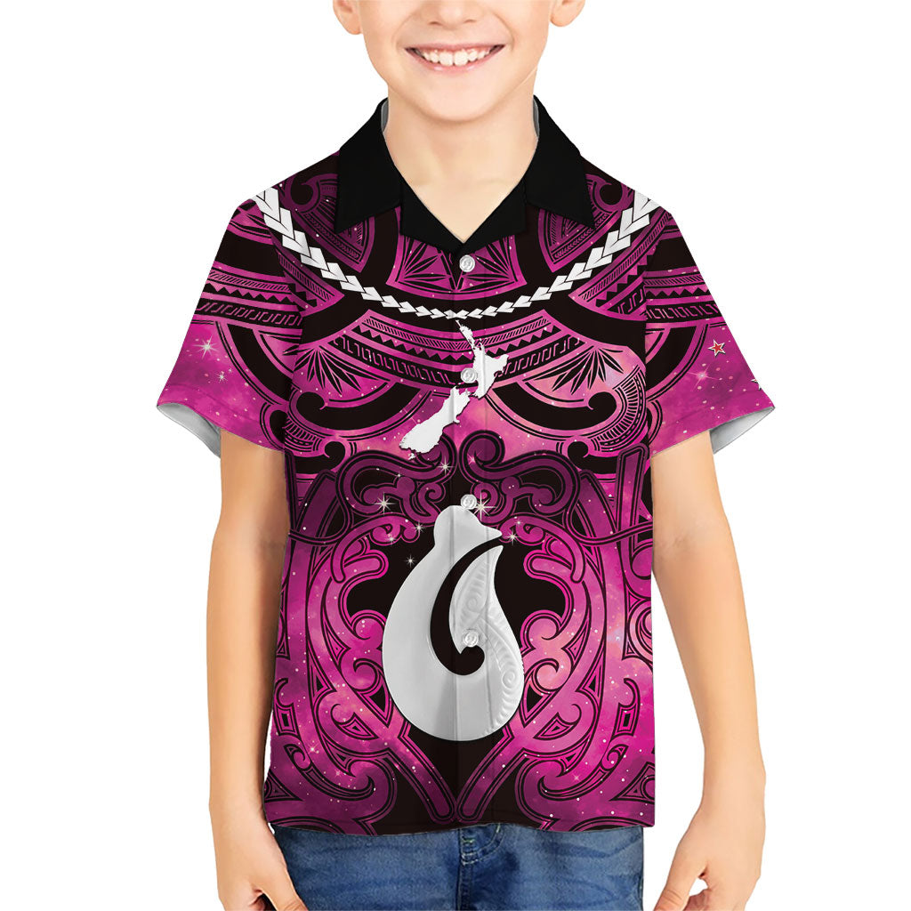 Personalised Maori Matariki Hei Matau Mawhero Family Matching Off Shoulder Short Dress and Hawaiian Shirt Maori Kowhaiwhai Pattern Galaxy LT01 Son's Shirt Pink - Polynesian Pride