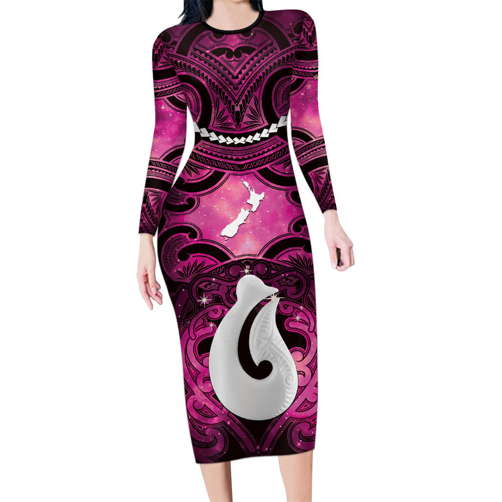 Personalised Maori Matariki Hei Matau Mawhero Long Sleeve Bodycon Dress Maori Kowhaiwhai Pattern Galaxy