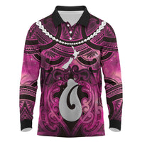 Personalised Maori Matariki Hei Matau Mawhero Long Sleeve Polo Shirt Maori Kowhaiwhai Pattern Galaxy LT01 Pink - Polynesian Pride