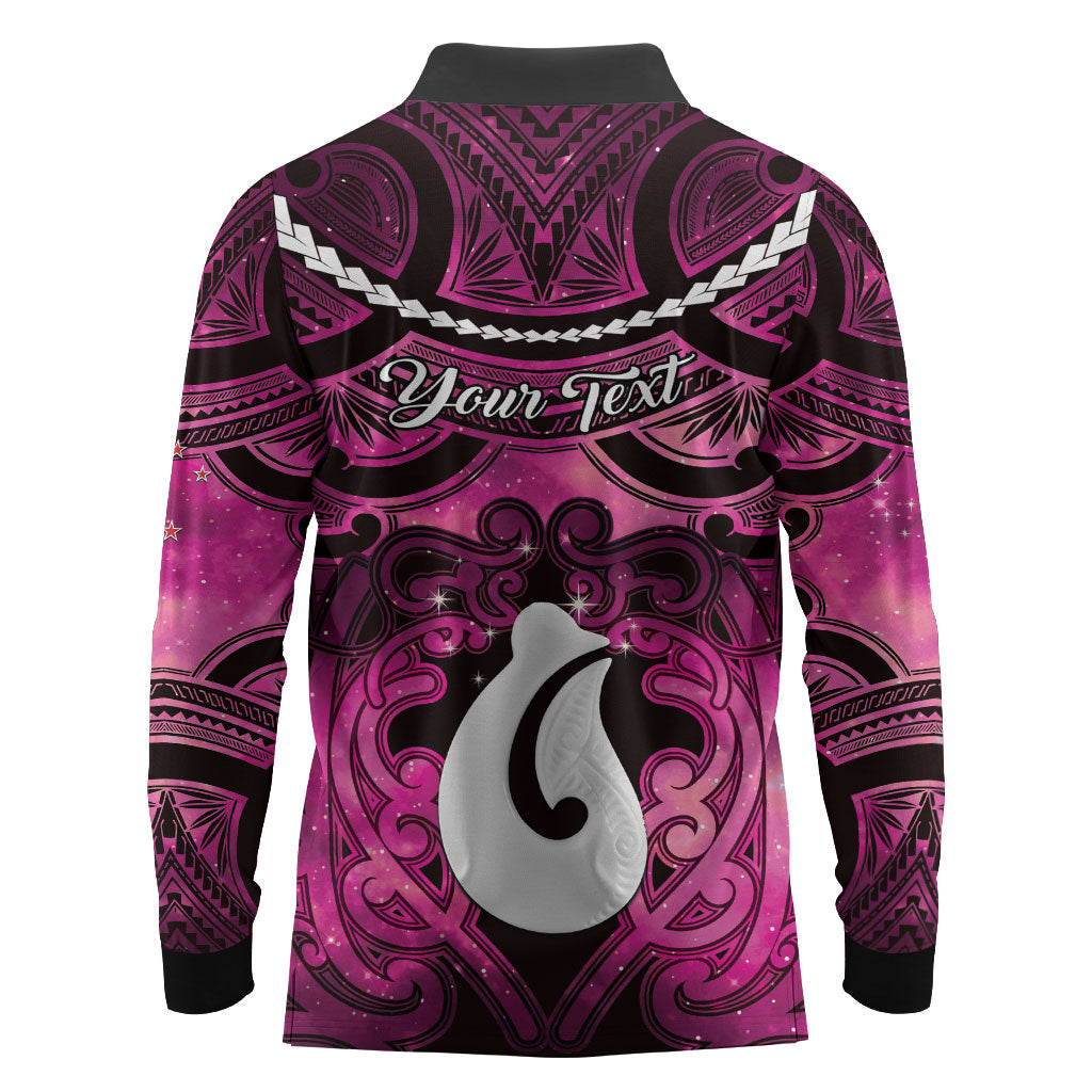 Personalised Maori Matariki Hei Matau Mawhero Long Sleeve Polo Shirt Maori Kowhaiwhai Pattern Galaxy LT01 - Polynesian Pride
