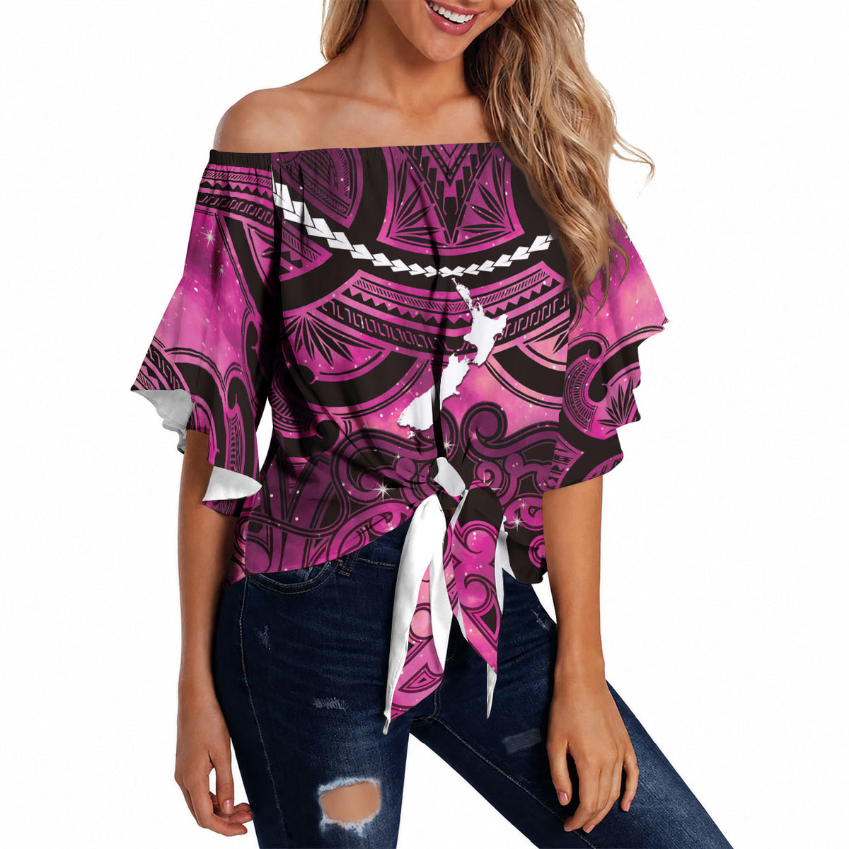 Personalised Maori Matariki Hei Matau Mawhero Off Shoulder Wrap Waist Top Maori Kowhaiwhai Pattern Galaxy LT01 - Polynesian Pride