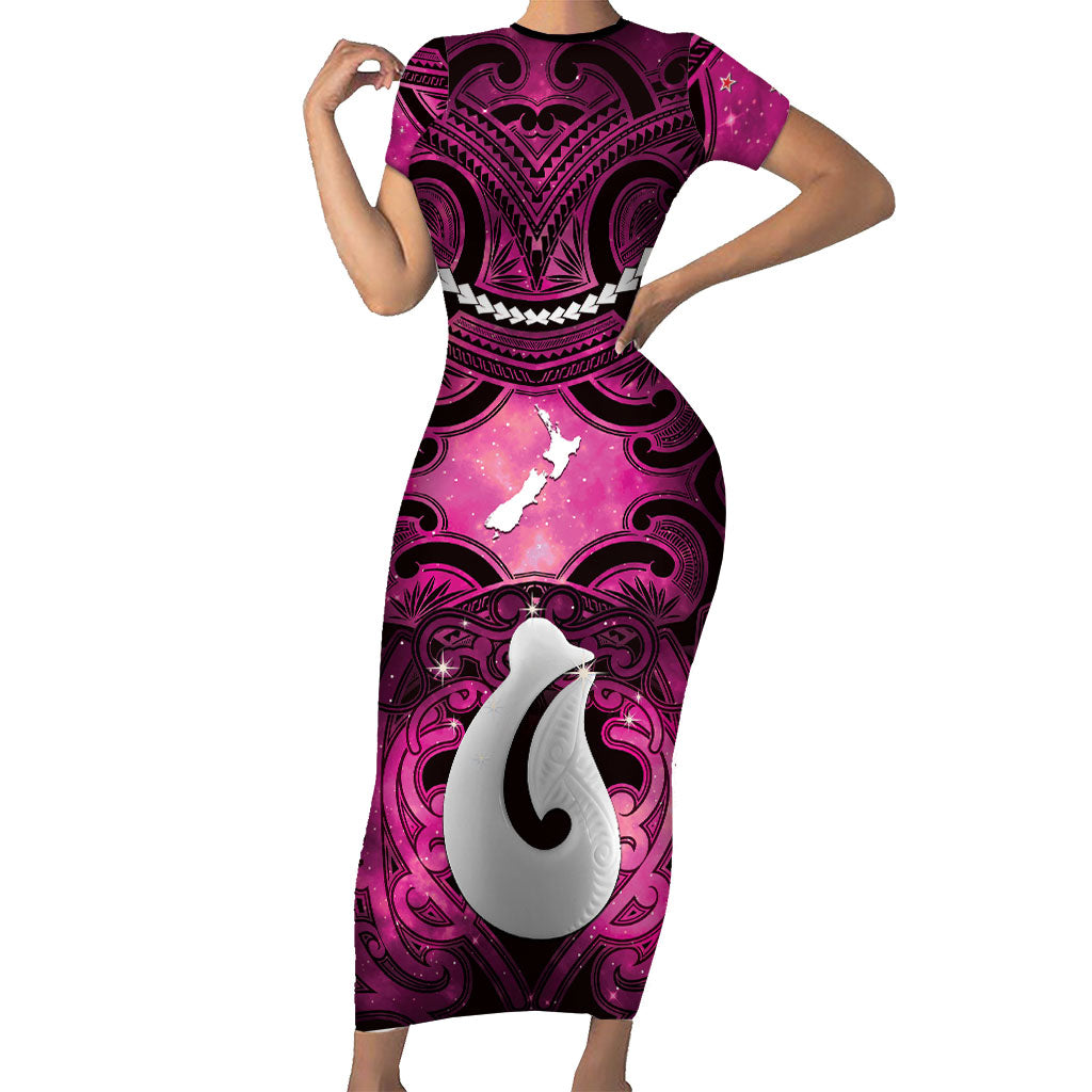 Personalised Maori Matariki Hei Matau Mawhero Short Sleeve Bodycon Dress Maori Kowhaiwhai Pattern Galaxy LT01 Long Dress Pink - Polynesian Pride