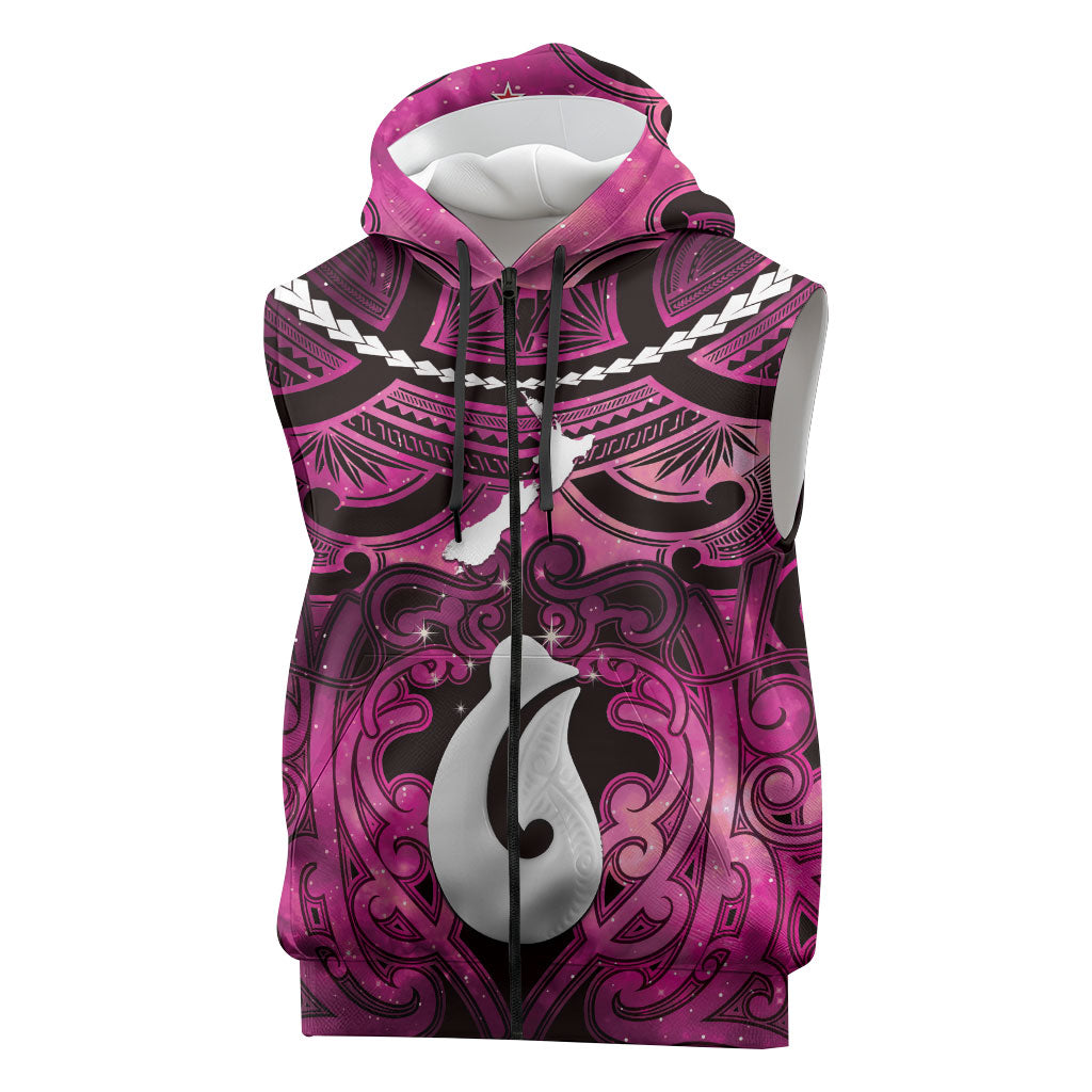 Personalised Maori Matariki Hei Matau Mawhero Sleeveless Zip Hoodie Maori Kowhaiwhai Pattern Galaxy LT01 Pink - Polynesian Pride
