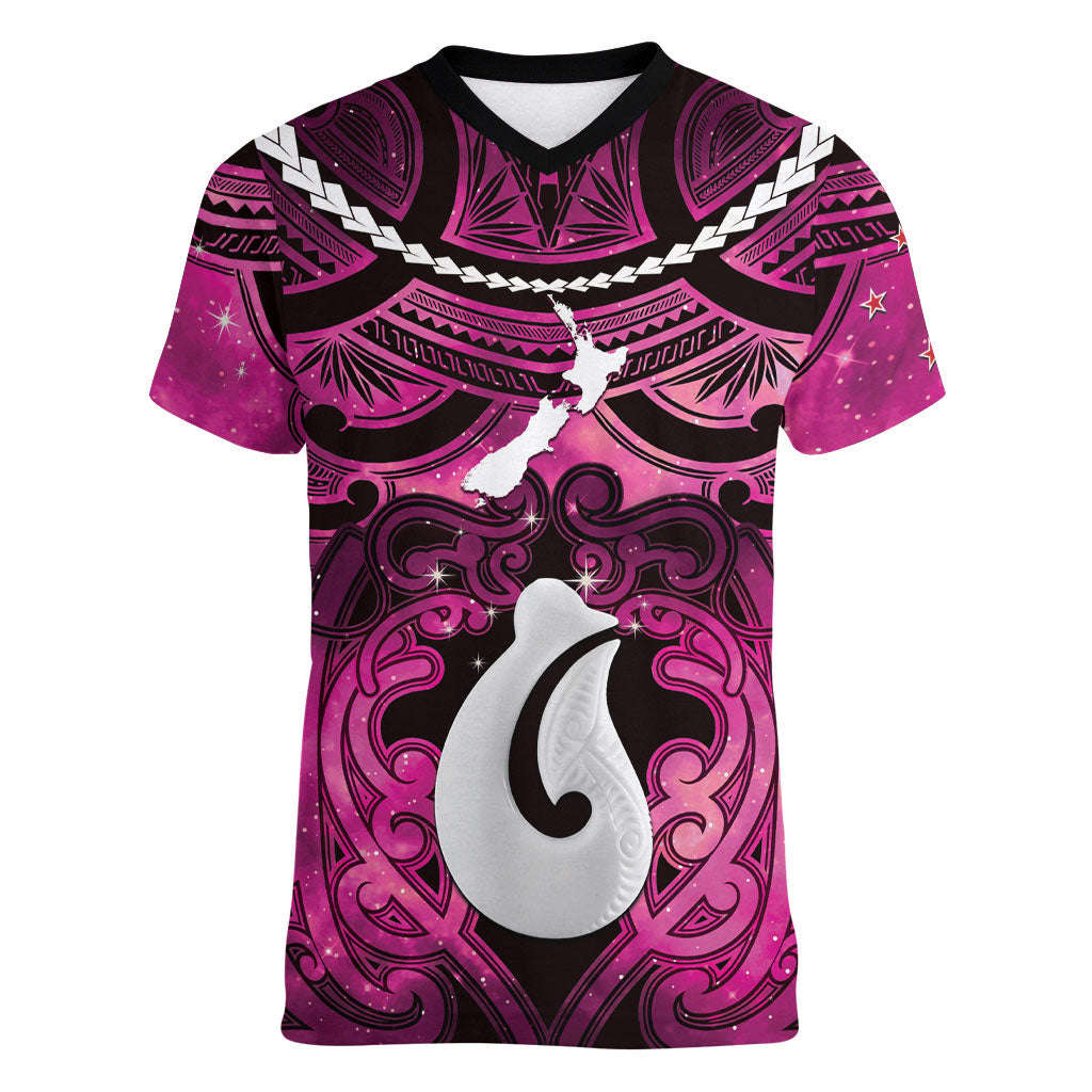 Personalised Maori Matariki Hei Matau Mawhero Women V-Neck T-Shirt Maori Kowhaiwhai Pattern Galaxy LT01 Female Pink - Polynesian Pride