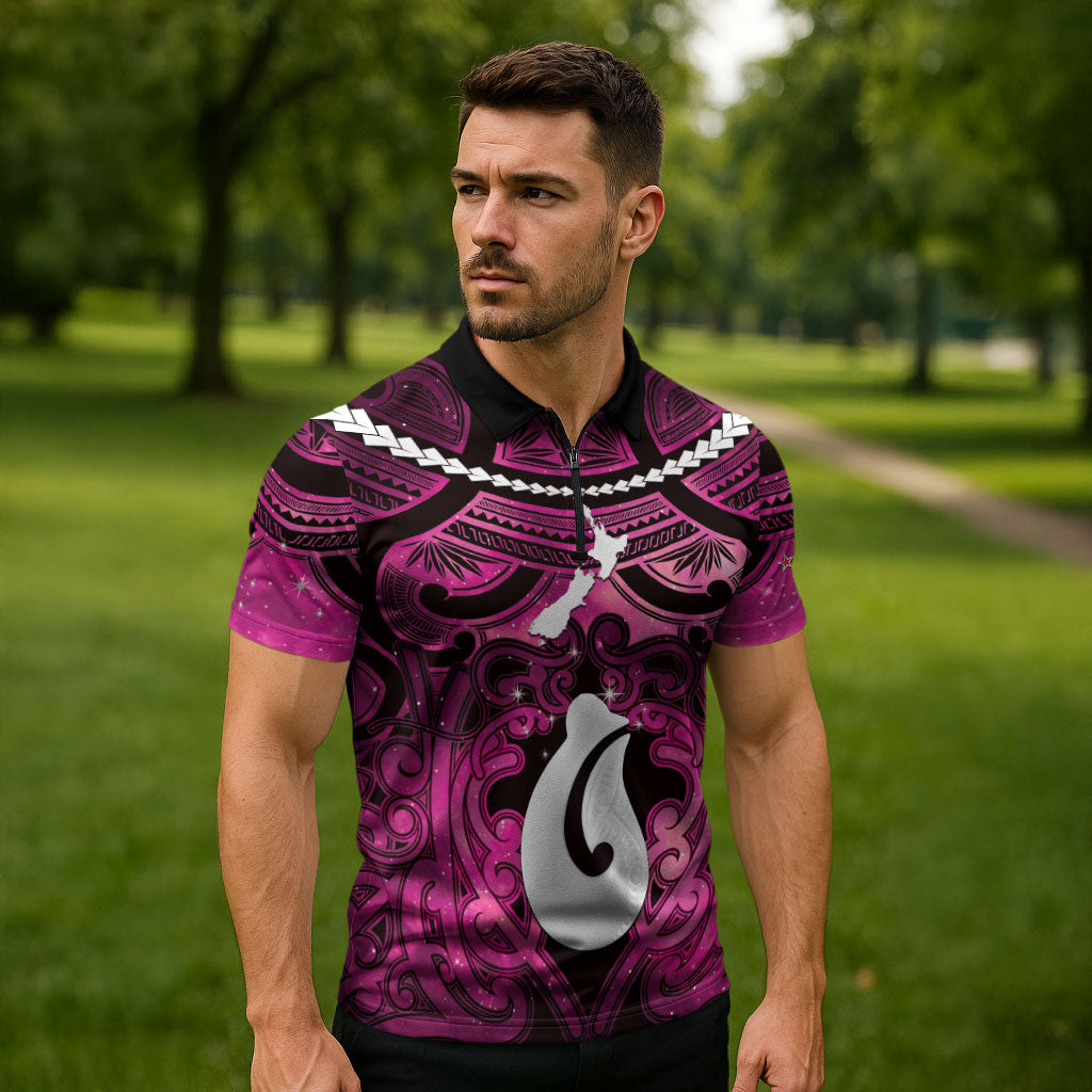 Personalised Maori Matariki Hei Matau Mawhero Zipper Polo Shirt Maori Kowhaiwhai Pattern Galaxy LT01 - Polynesian Pride