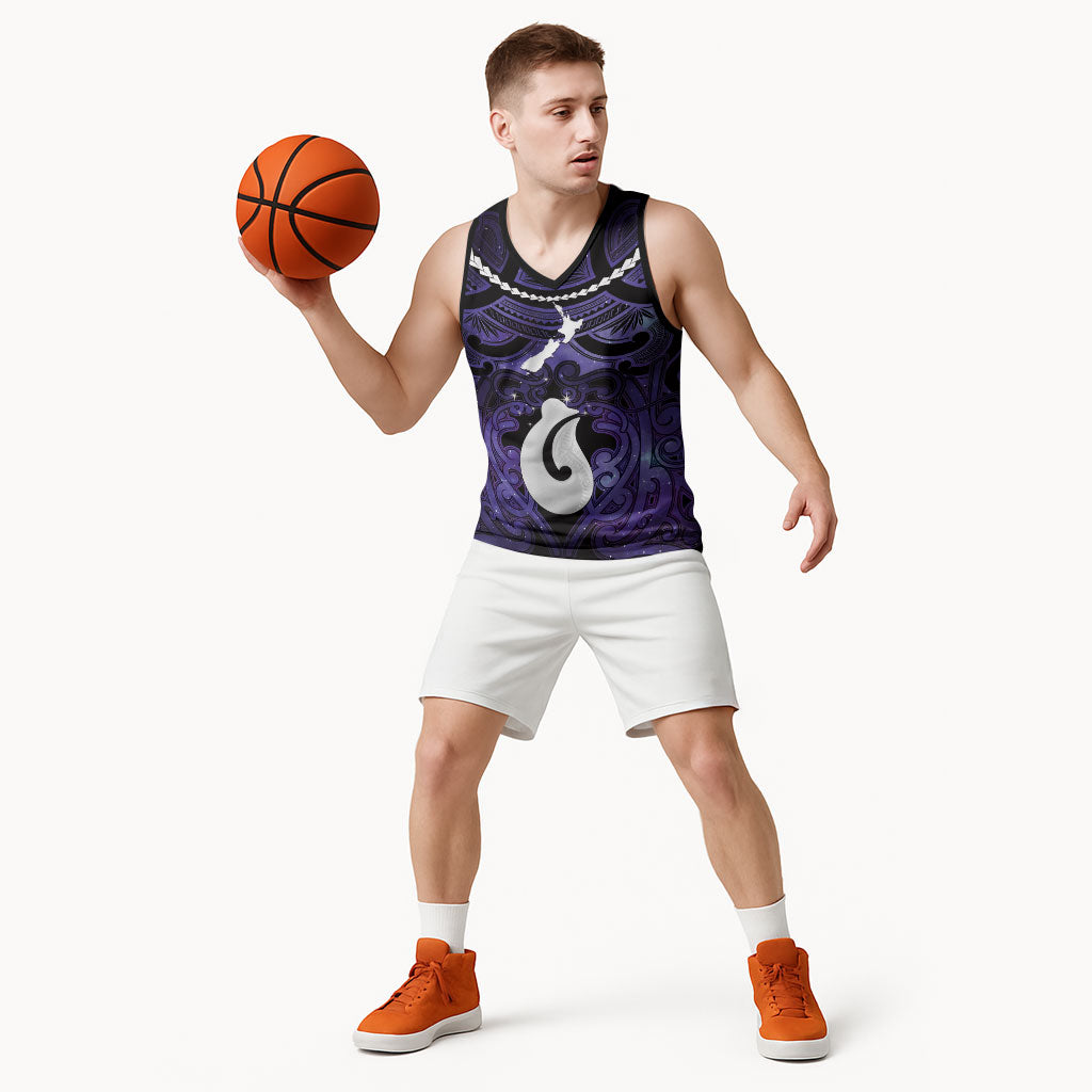 Personalised Maori Matariki Hei Matau Waiporoporo Basketball Jersey Maori Kowhaiwhai Pattern Galaxy