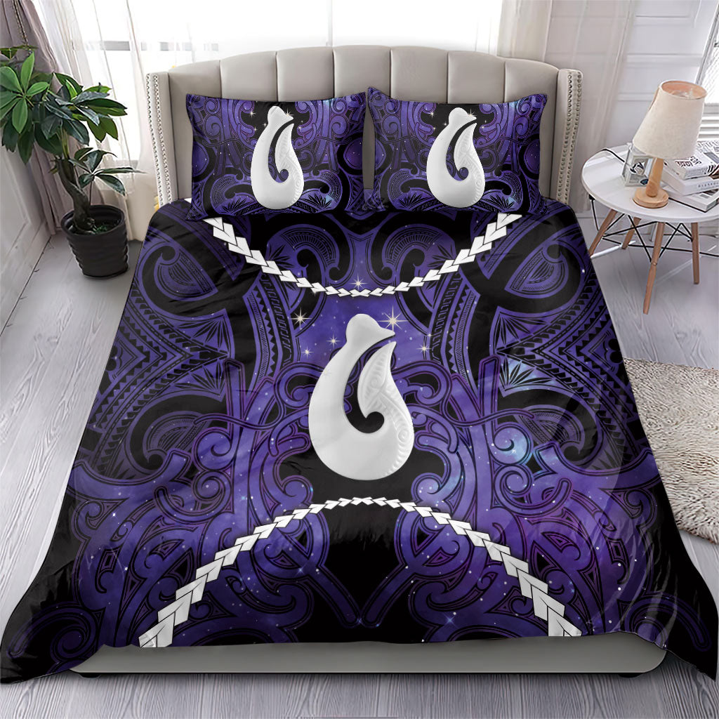 Maori Matariki Hei Matau Waiporoporo Bedding Set Maori Kowhaiwhai Pattern Galaxy